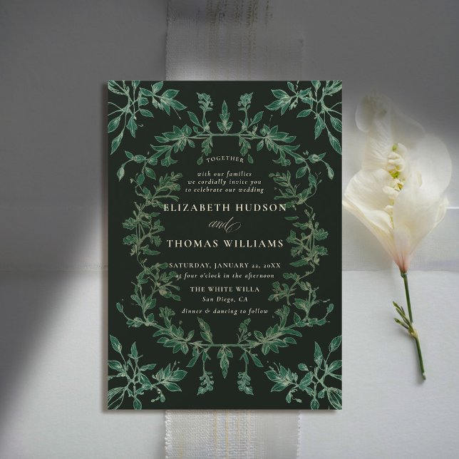 Invitation Moody Forest Botanical Moderne Mariage classique (moody forest wedding invitation botanical frame black green elegant modern traditional calligraphy)