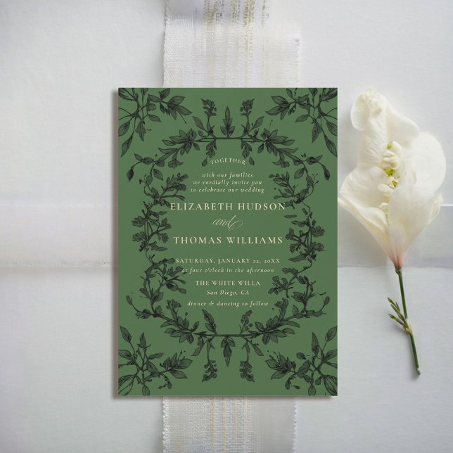 Invitation Moody Forest Moss Botanical Moderne Mariage classi (moody forest wedding invitation botanical frame moss green elegant modern traditional calligraphy)