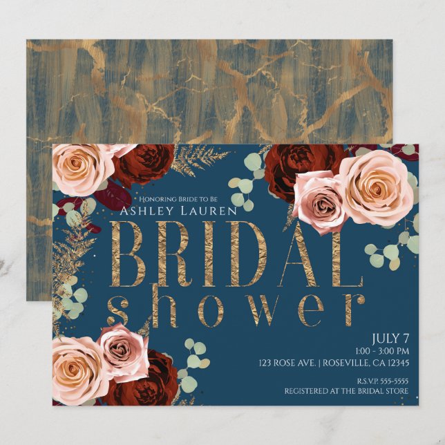 Invitation Moody Glam Blue Gold Roses Fête des mariées (Devant / Derrière)