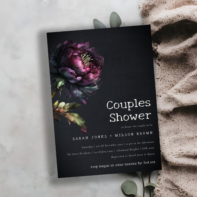 Invitation Moody Gothic Purple Black Peony Couples Douche (Créateur téléchargé)