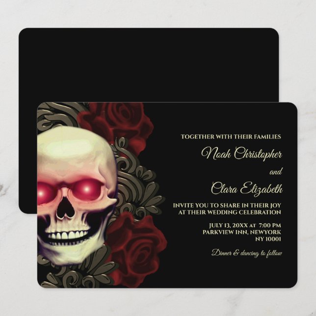 Invitation Moody Gothique Crâne Floral Halloween métallique (Devant / Derrière)