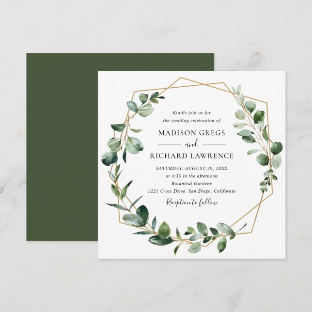 Invitation Moody Greenery avec Mariage de cadre géométrique o (Devant / Derrière)
