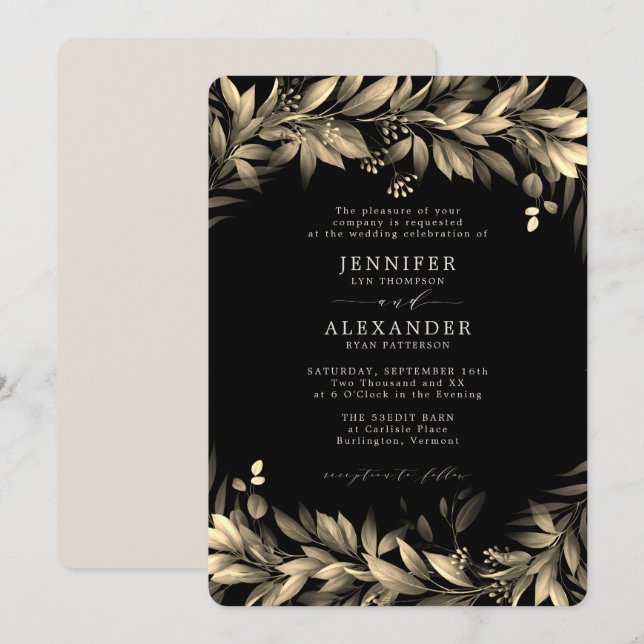 Invitation Moody Greenery Mariage noir & beige (Devant / Derrière)