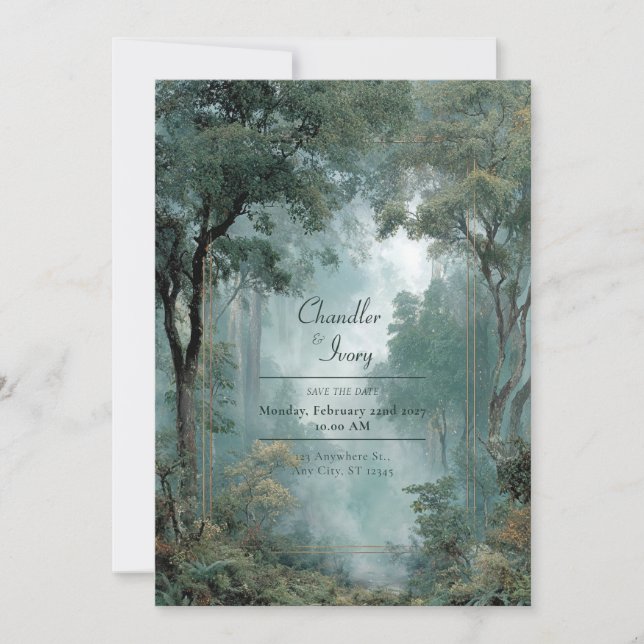 Invitation Moody Misty Forest Gold Frame Mariage (Devant)