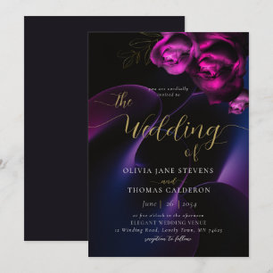 Invitation Moody moderne noir violet brillant Mariage floral