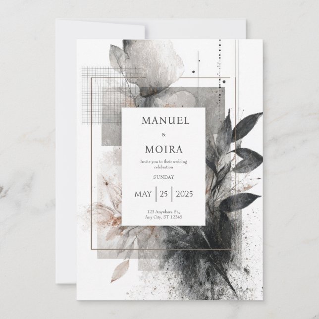 Invitation Moody Monochrome Abstrait Floral Mariage (Devant)