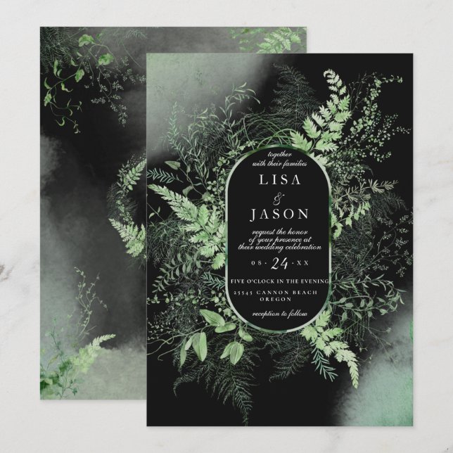 Invitation Moody Night Misty Fog Woodland Green Mariage (Devant / Derrière)