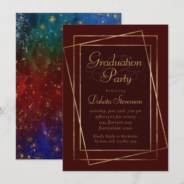 Invitation Moody Ombre | Deep Jewel Tone Red Graduation Party (Devant / Derrière)