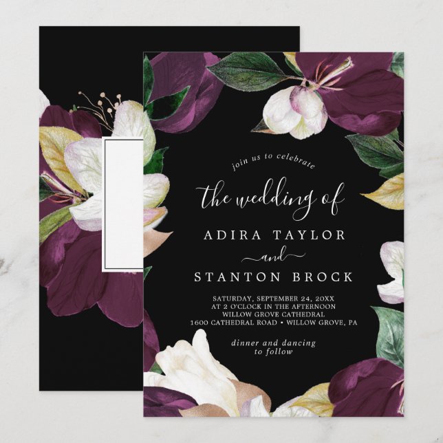 Invitation Moody Purple Blooms | Noir Le Mariage De (Devant / Derrière)