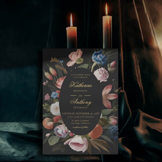 Invitation Moody Romantic Floral Dreamy Black Frame Mariage (moody romantic wedding invitation floral frame painting dutch masters elegant gothic dark black chic)