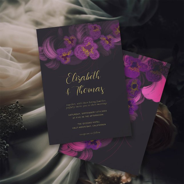 Invitation Moody Romantic Purple Orchidées Dark Floral Mariag (moody romantic wedding invitation dark magenta purple orchids gothic elegant gold formal)