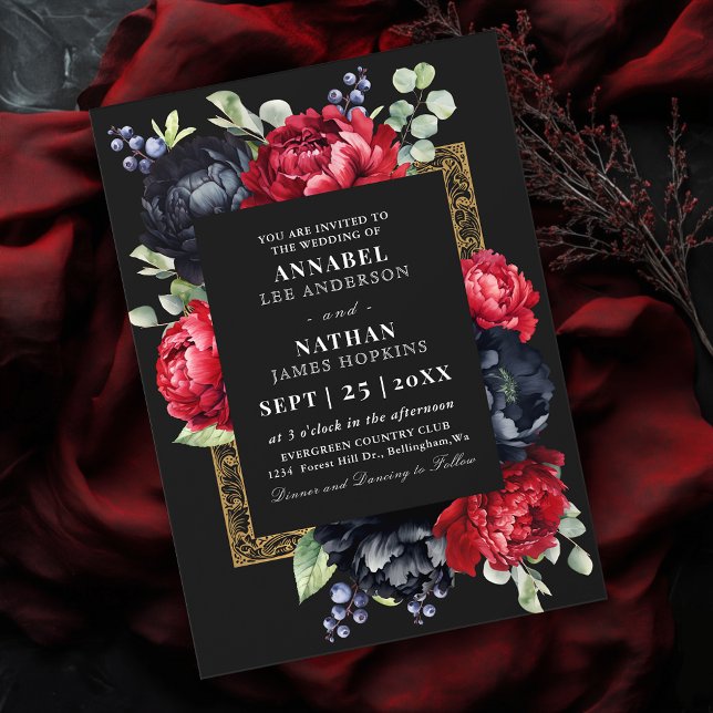 Invitation Moody Rouge et noir Élégant Mariage floral (Créateur téléchargé)