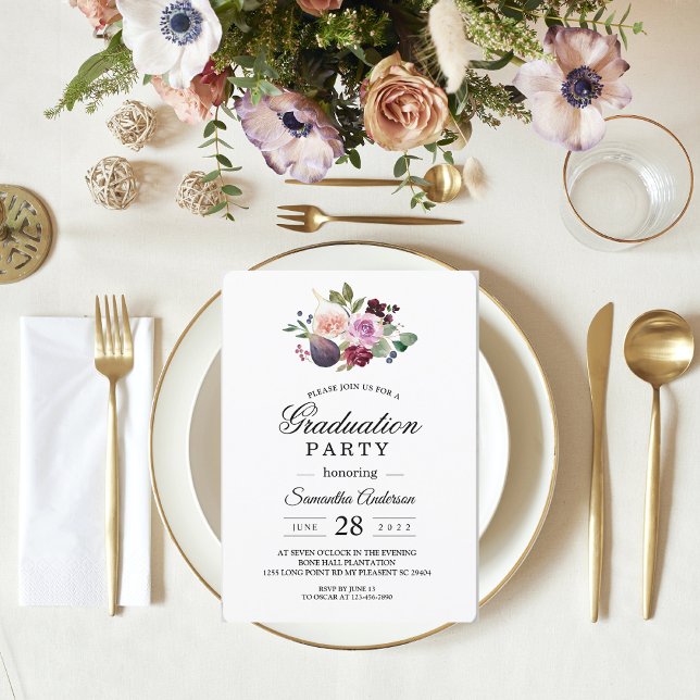 Invitation Moody & Rustic Bourgogne Watercolor Flowers & Berr (Créateur téléchargé)