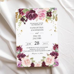 Invitation Moody & Rustic Burgundy Watercolor Fleurs & Leaf