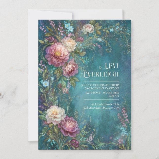 Invitation Moody Teal Watercolor Romantic Peony Wedding (Devant)