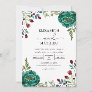 Invitation Moody Turquoise Floral Mariage botanique