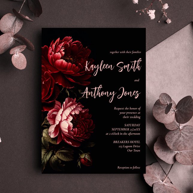 Invitation Moody vintage fleurs mariage (Moody dark vintage red peony roses flowers wedding invitation editable template instant download)