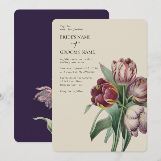 Invitation Moody Watercolor Purple Tulips Mariage (Devant / Derrière)