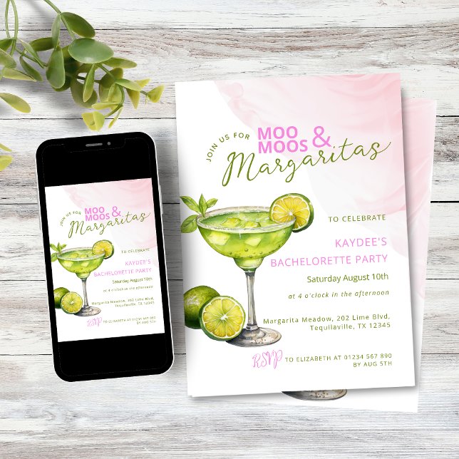 Invitation MooMoos & Margaritas Pink Bachelorette Party (Pink and green MooMoos and Margaritas bachelorette party invitation)