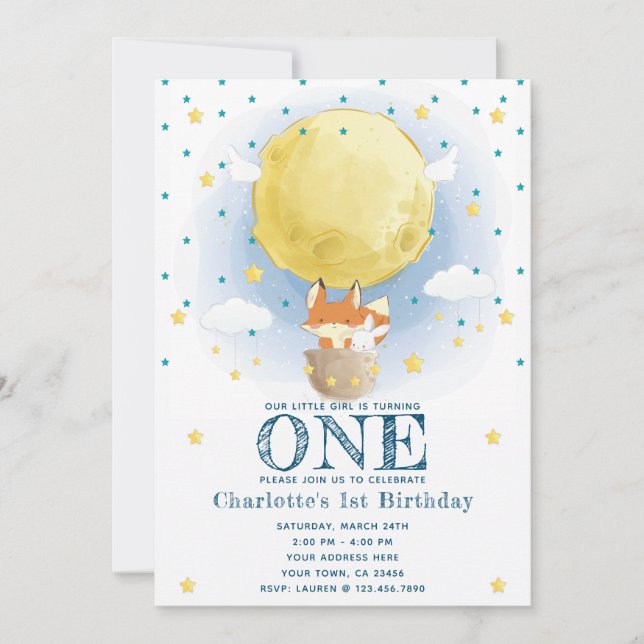 Invitation Moon Air Balloon Stars Parties scintillant Anniver (Devant)