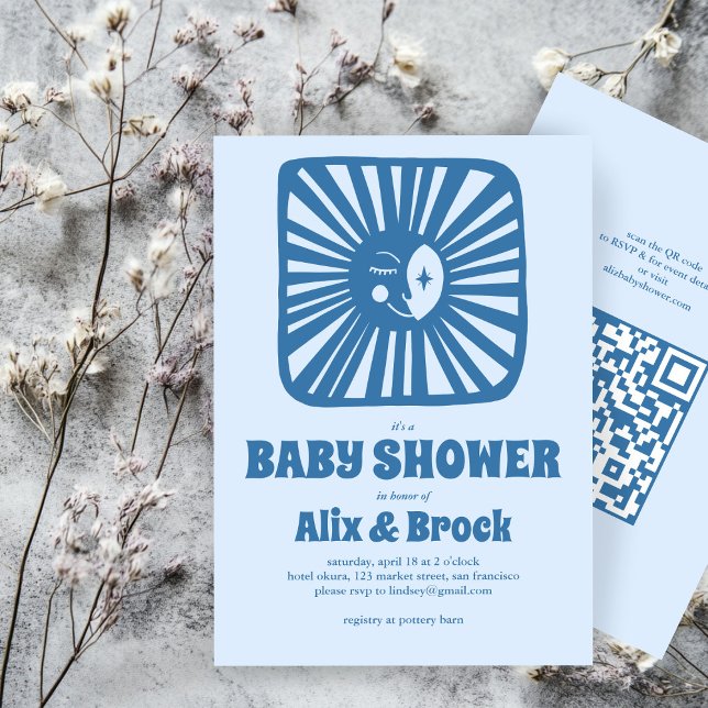Invitation Moon Glow Boho Moderne mignon Baby shower QR perso (Moon Glow Boho Modern Cute Custom QR Baby Shower Invitation
)