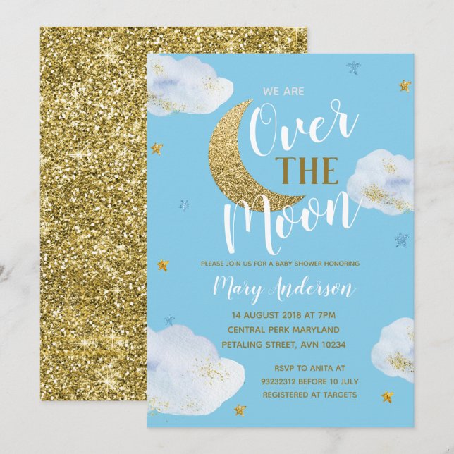 Invitation Moon Sky Blue Powder Baby shower bleu et or (Devant / Derrière)