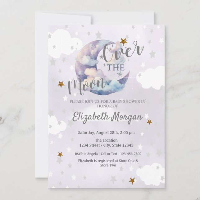 Invitation Moon Stars & Clouds Lavender Baby Shower  (Devant)