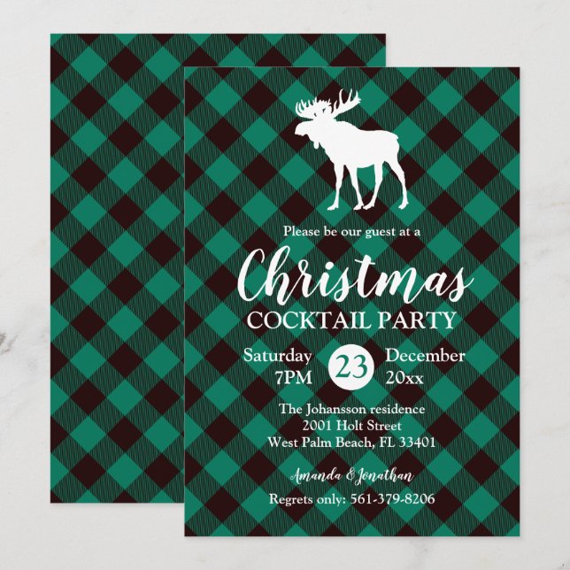 Invitation Moose et Buffalo Green Plaid Motif Noël (Devant / Derrière)
