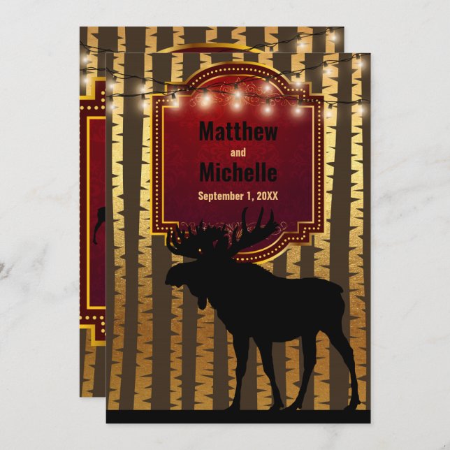 Invitation Moose rustique, Mariage d'orignal d'or et de lumiè (Devant / Derrière)