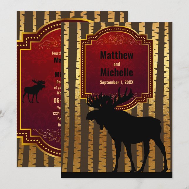 Invitation Moose silhouette rustique, Mariage d'arbres d'Aspe (Devant / Derrière)