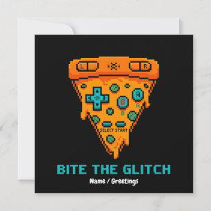 Invitation Mords le Bug Retro 8-Bit Pixel Pizza Joueur