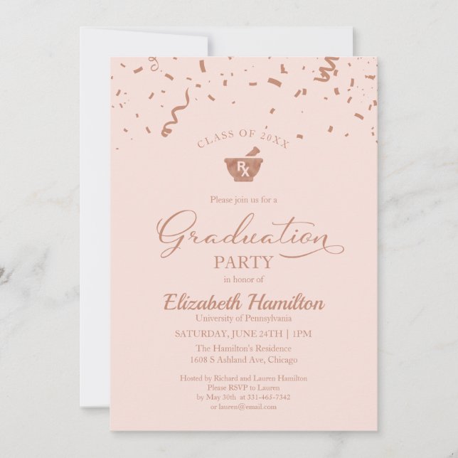 Invitation Mortar Pestlé Pharmacie Grad Party Rose Gold rose (Devant)