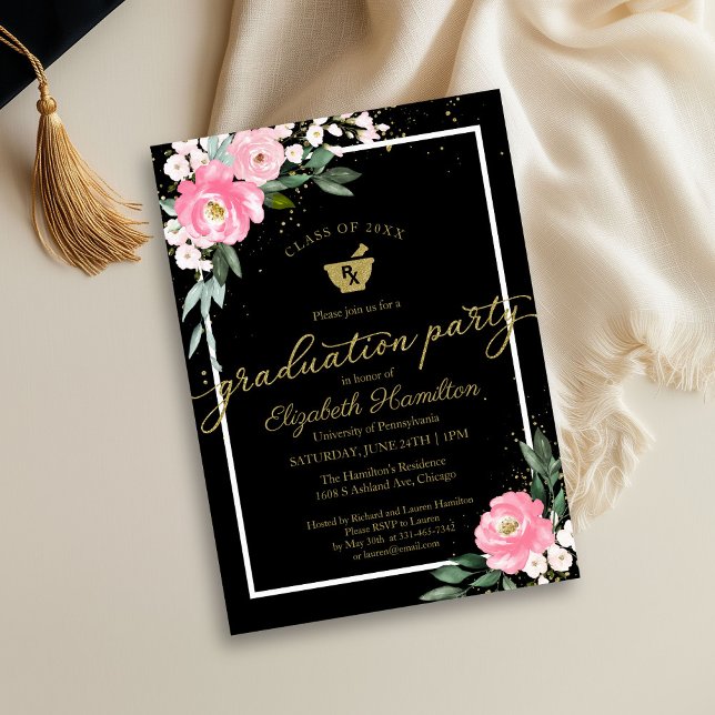 Invitation Mortar Pestle Pharmacy Grad Party Hot rose Floral (Créateur téléchargé)