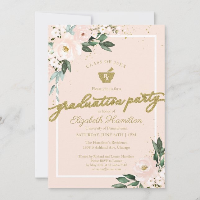 Invitation Mortar Pestle Pharmacy Grad Party rose Floral (Devant)