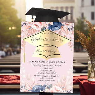 Invitation Mortier de fin d'études, Fleurs Rose Clair de fin 