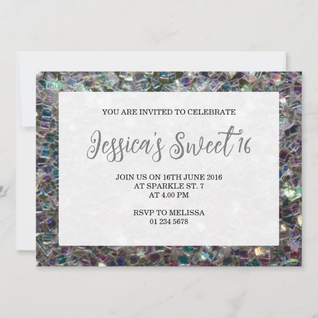 Invitation Mosaïque étincelante argent Sweet 16 élégant scrip (Devant)