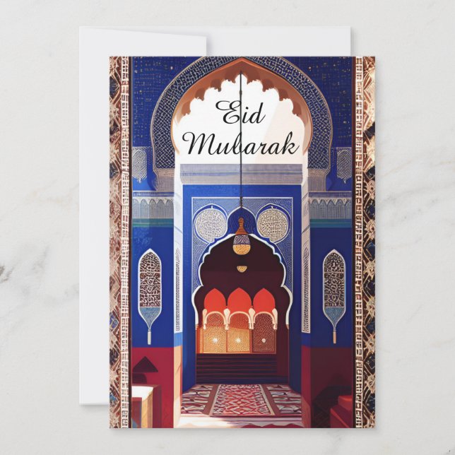 Invitation mosaïque marocaine bleu azur mosquée rouge Aïd Mou (Devant)
