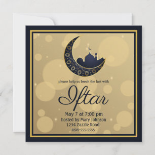 Invitation Mosquée Croissant Lune Ramadan, bleu, or