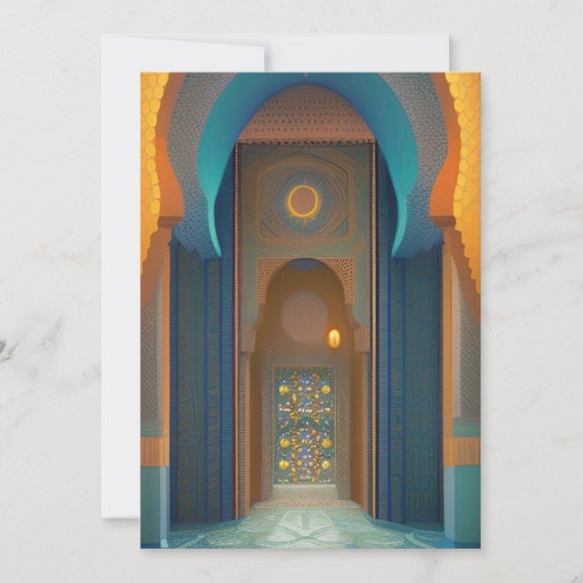 Invitation mosquée marocaine bleu turquoise or Aïd (Devant)