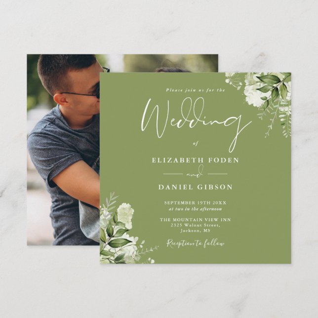 Invitation Moss Green Floral Greenery Carré photo Mariage (Devant / Derrière)