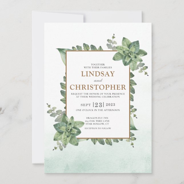 Invitation Moss Green Gold Aquarelle Mariage de trame Succule (Devant)