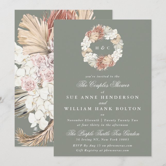 Invitation Moss Pampas Sage Monogramme Wreath Couples Douche (Devant / Derrière)
