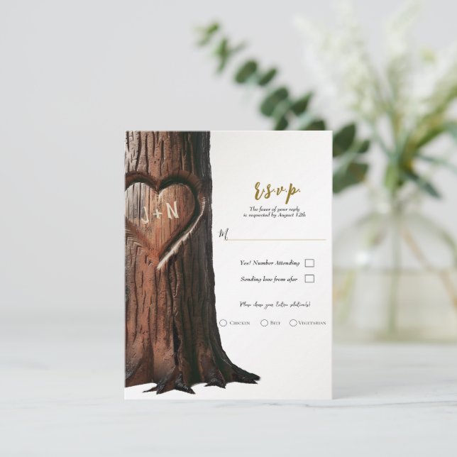 Invitation Mot de Mariage rustique de l'arbre cardiaque sculp (Debout devant)