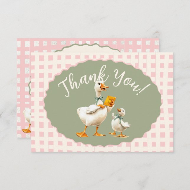 Invitation Mot de remerciement Gingham Canard Fou (Devant / Derrière)