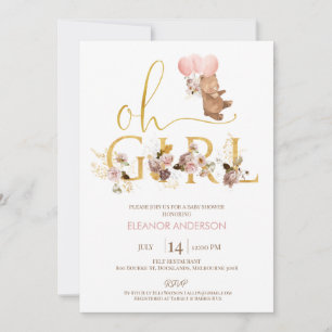 Invitation Mot Or Blush Floral Teddy Bear Baby shower