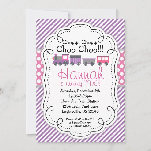 Invitation Moteur de train Purple Stripe rose Poka point Anni (Devant)