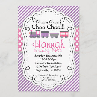 Invitation Moteur de train Purple Stripe rose Poka point Anni