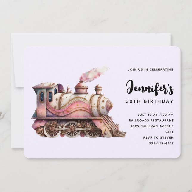 Invitation Moteur de train rose Style Steampunk Vintage Anniv (Devant)