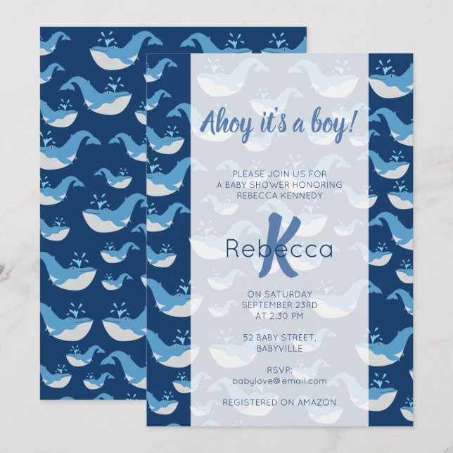 Invitation Motif Ahoy Boy Baby shower de baleines de l'océan  (Devant / Derrière)