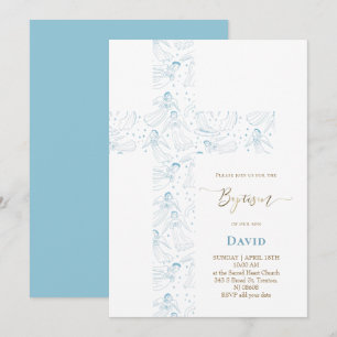 Invitation motif anges bleus baptême Sainte-Croix